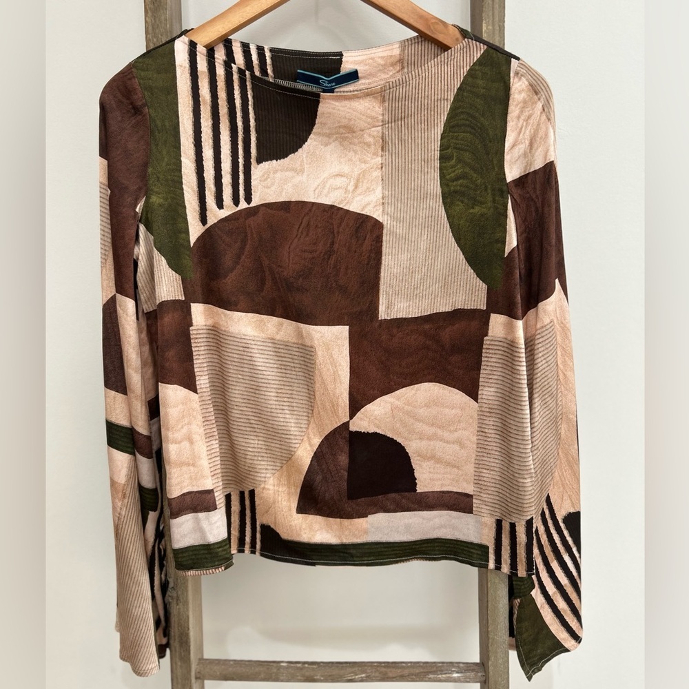 Shore Boat Neck Bell Sleeve Women’s Blouse Geometric Pattern Brown Size XS NWT